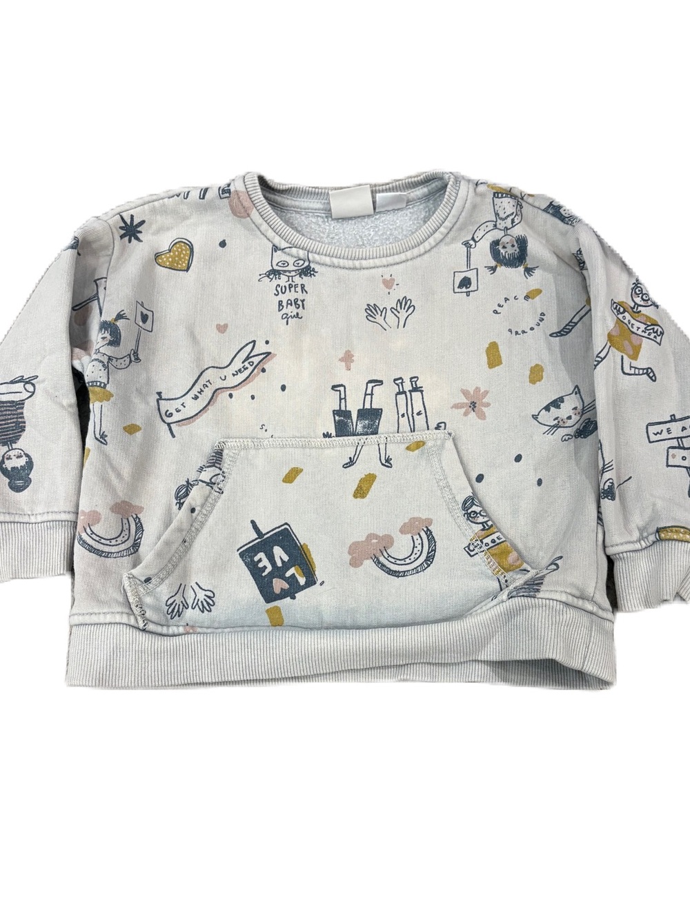 Zara Light Gray Pullover Sweatshirt with Multicolor Doodles